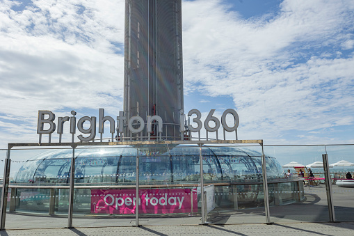 Brighton, united kingdom, 23, August 2023 The British Airways i360 skyline tower is the world's tallest in the world in Brighton Pier. Glass pod and tower for sightseeing attraction at Brighton Pier, UK