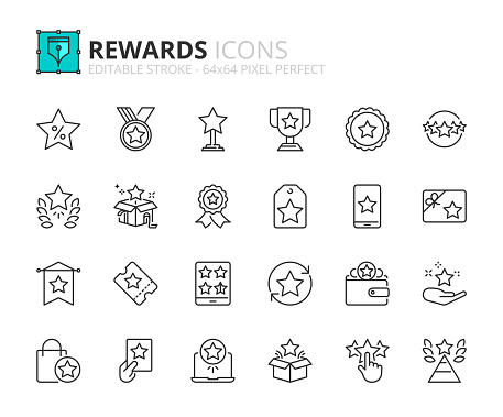 Line icons  about rewards. Contains such icons as bonus, discounts and special benefits. Editable stroke Vector 64x64 pixel perfect