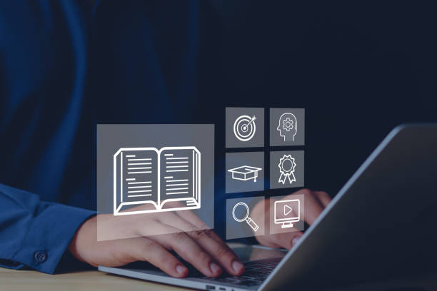 istock learn training, E-learning internet lessons, and online webinar webinars. A person who attends online lessons on a digital screen.Education Internet Technology. qualifications. Digital courses to deve 1633375834