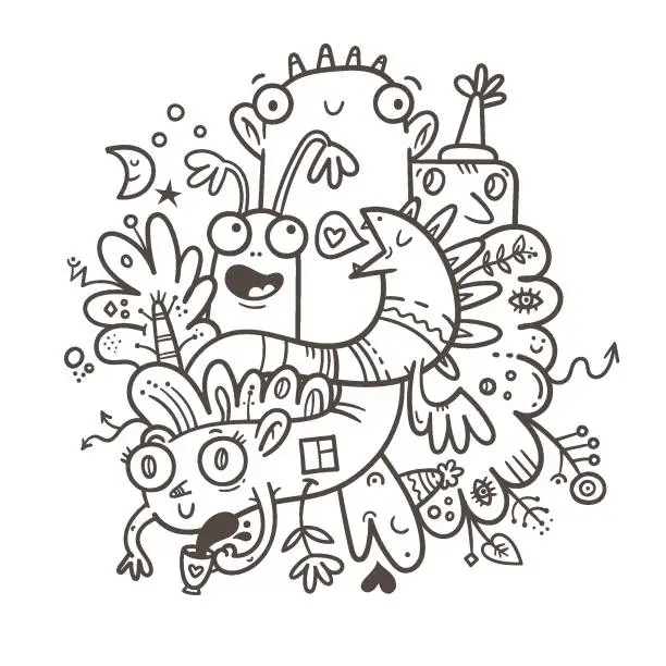 Vector illustration of Coloring book antistress with funny creatures. Doodle print with fantasy characters. Line art poster. Illustration for children.