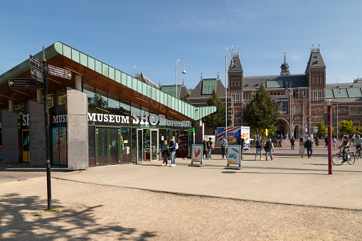 Amsterdam, Netherlands, September 5, 2021; Museum shop of the Rijksmuseum (National state museum) and Van Gogh Museum on the museum square in front of the Rijksmuseum in Amsterdam.