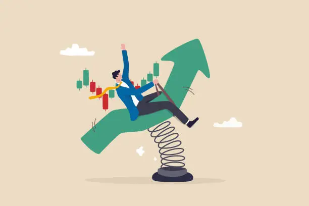 Vector illustration of Riding market up trend, risk and uncertainty, stock market or cryptocurrency volatility, price movement, risk management concept, businessman investor or trader riding volatile rising up arrow rodeo.