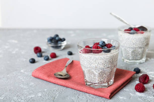 istock Healthy breakfast or morning with chia seeds vanilla pudding raspberry and blueberry berries on table background, vegetarian food, diet and health concept. Chia pudding with raspberry and blueberry 1633398819