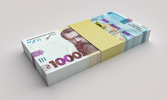 3d rendering Stack of ukrainian money hryvnia (grivna, hryvna) with 1000 banknotes. Finance concept.