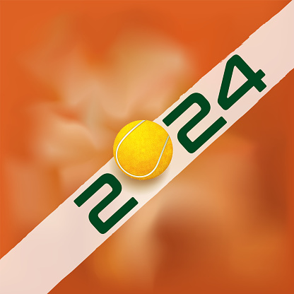 Tennis-themed greeting card for the year 2024, showing a ball hitting a white line on a clay court.