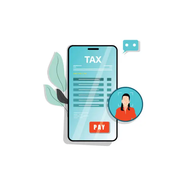 Vector illustration of Human pay taxes using Face Recognition And Identification, Face ID on his smartphone. Online tax payment via phone. Man holding a mobile phone with tax form on screen. Fast payment of bills, services