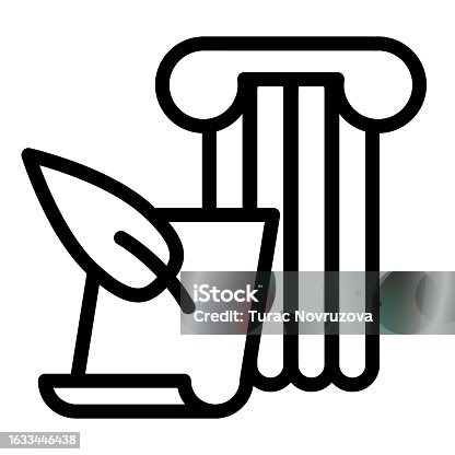 istock Art of writing line icon. Ancient column with feather pen and papyrus paper. History subject vector concept, outline pictogram on white background. 1633446438