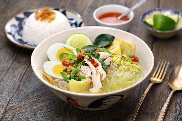 Soto Ayam, an Indonesian chicken noodle soup stock photo