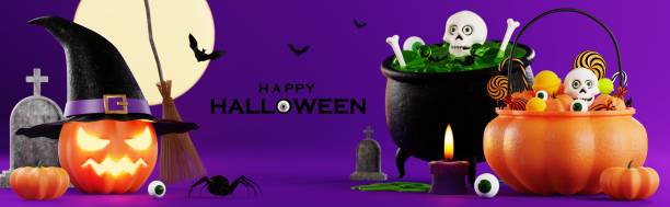 istock 3d rendering illustration design for halloween banner with pumpkin,crucifix, skull, candle, candy, givebox ,grave on background. 1633460166