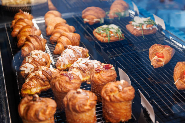 istock Puff pastry variety on a grid in bakery 1633461826