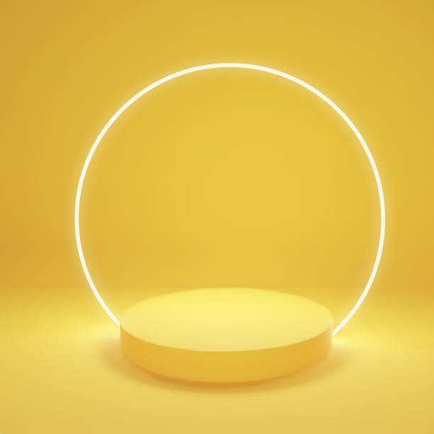 istock Minimalistic yellow podium with neon round lamp for product presentation 1633464642