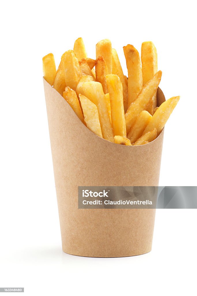 french fries in a paper wrapper french fries in a paper wrapper on white background French Fries Stock Photo