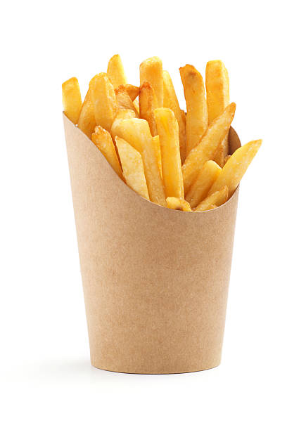 french fries in a paper wrapper french fries in a paper wrapper on white background deep fried photos stock pictures, royalty-free photos & images