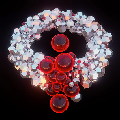 Lots of mirror sparkling crystals and transparent red balloons connected in a circle on a dark background. Abstract background, three dimensional digitally generated picture