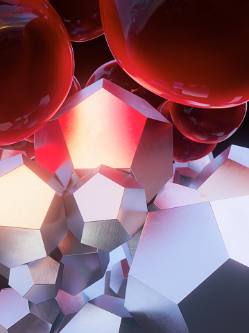 Lots of sparkling crystals and transparent red balloons connected in a chain on a dark background. Abstract background, three dimensional digitally generated picture
