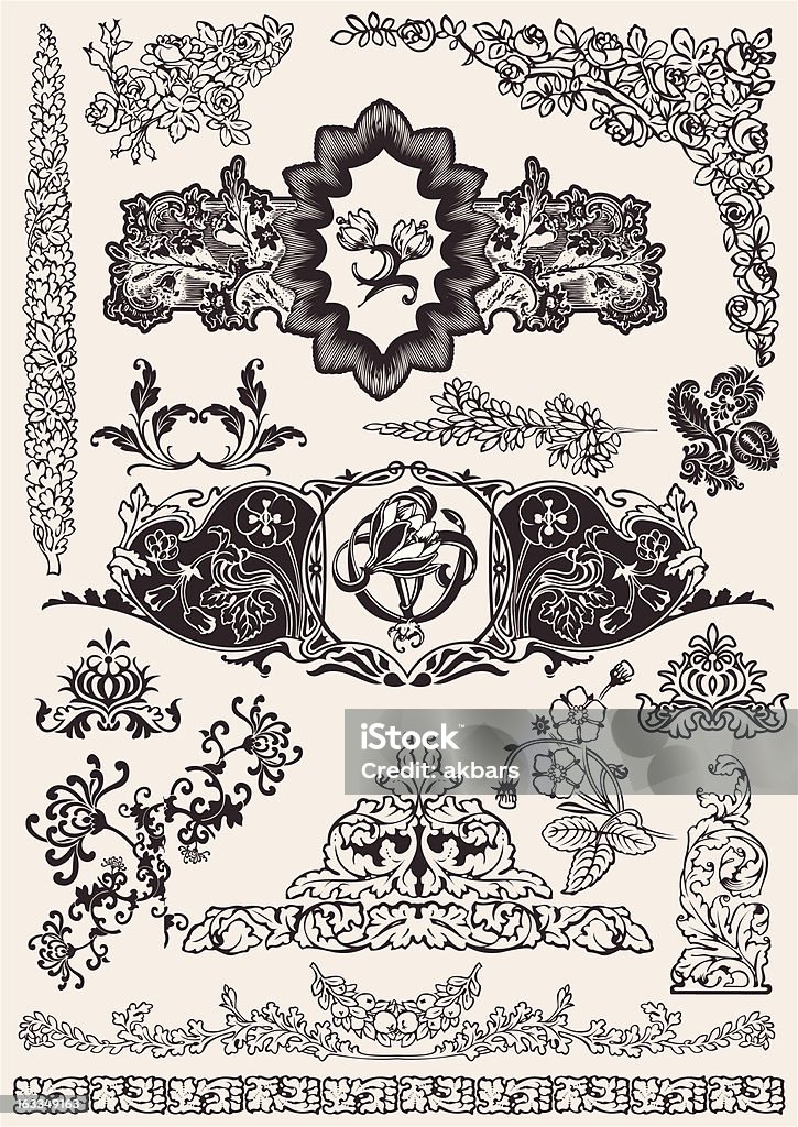 Elementi di Design floreale Vintage - arte vettoriale royalty-free di Arabesco - Motivo ornamentale