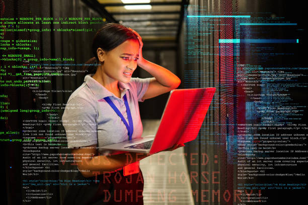 istock Headache, hacker stress and black woman with code overlay feeling anxiety from laptop glitch. Cybersecurity, computer 404 problem and it coding analytics graphic with employee burnout at night 1633491914