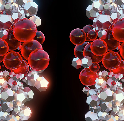 Lots of sparkling crystals and transparent red balloons connected in two chains on a dark background. Abstract background, three dimensional digitally generated picture