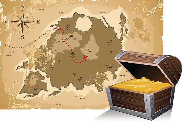 Vector illustration of Torn old treasure map with route and destination marked