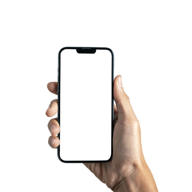 istock Man hand holding black smartphont with white blank screen isoloted on white background 1633504143