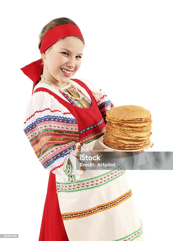 Girl with 쌓다 팬케이크 - 로열티 프리 Shrove Tuesday 스톡 사진