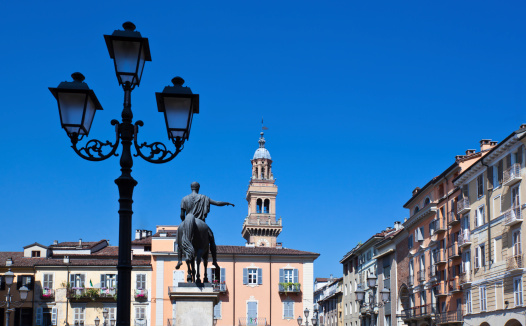 Italy, Piedmont, Monferrato, Casale Monferrato, Piazza Mazzini and the equestrian statue dedited to Carlo Alberto