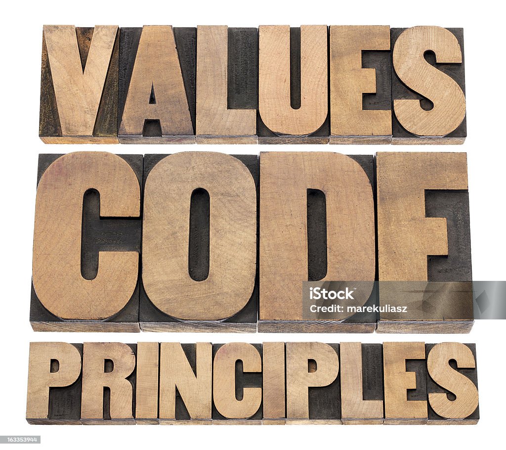 values, code, principles values, code, principles words - a collage of isolated text in vintage letterpress wood type printing blocks Antique Stock Photo