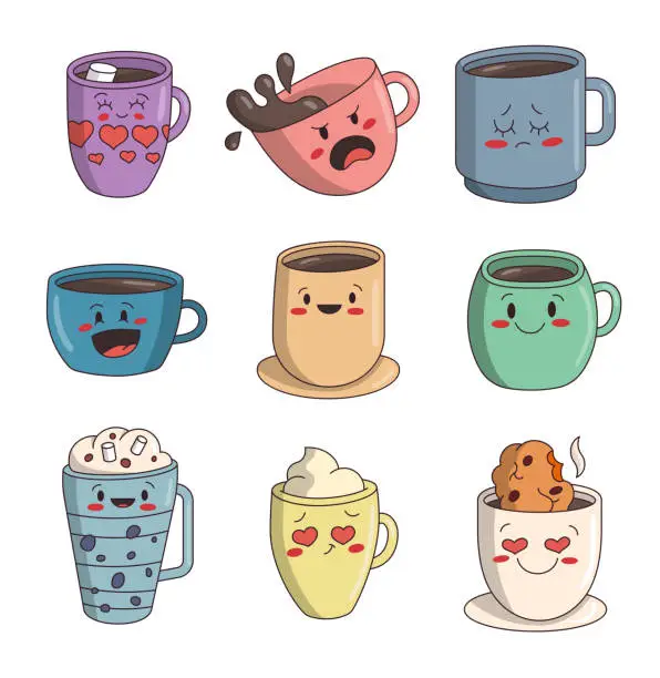 Vector illustration of Cup character cartoon. Fragrant coffee mug. Vector drawing. Collection of design elements.