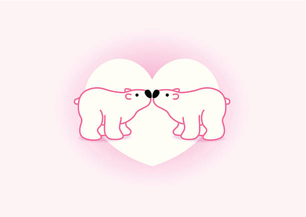 Polar Bear Couple against White Heart Two Pink Arctic Polar Bears with Black Noses Kissing in Heart Graphic Background heart shape valentines day fur pink stock illustrations