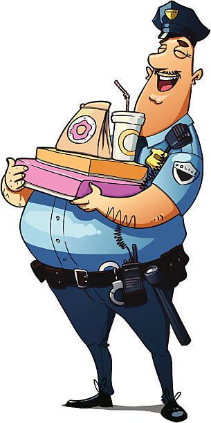 Happy police officer with donuts vector art illustration