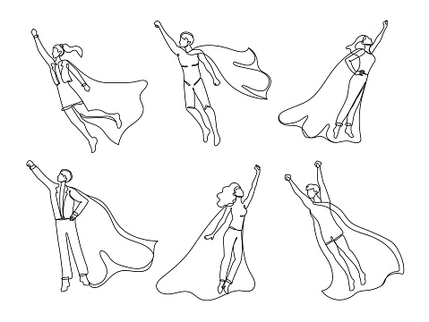 Continuous one line superhero. Man and woman fly with hero cape, super success employee and leader vector illustration set of super drawing business