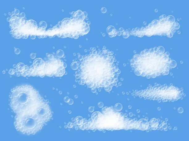 Vector illustration of Realistic bath soap foam. Clean soapy froth bubbles, different shape foams and suds isolated vector illustration set
