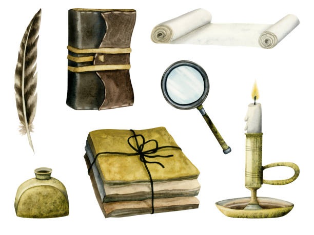 Watercolor vintage writer poetry illustration set with books, travel journals, burning candle, paper scroll, magnifying glass, sand hourglass and ink pen hand drawn clipart Watercolor vintage writer poetry illustration set with books, travel journals, burning candle, paper scroll, magnifying glass, sand hourglass and ink pen hand drawn clipart. ancient writing tool stock illustrations