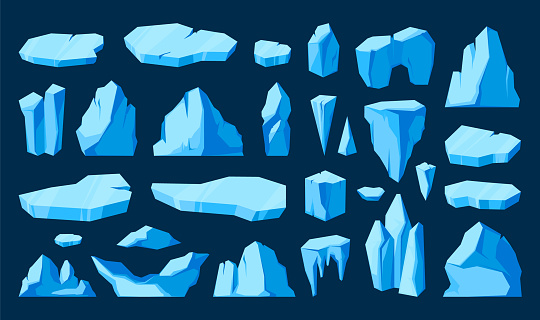 Ice pieces and glaciers. Cartoon frozen floating ice chunks, mountain icebergs and polar sea floe, winter climate concept. Vector isolated set of ice frozen illustration