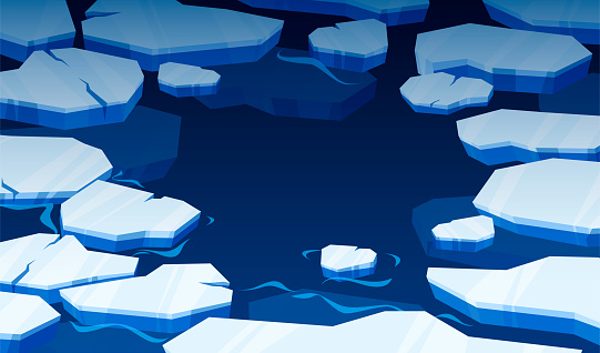 Ice floating on surface. Frame of blue icebergs floating on ocean water, polar glacier and cold water cracked ice in frozen water. Vector illustration of landscape ice and snow, iceberg and glacier