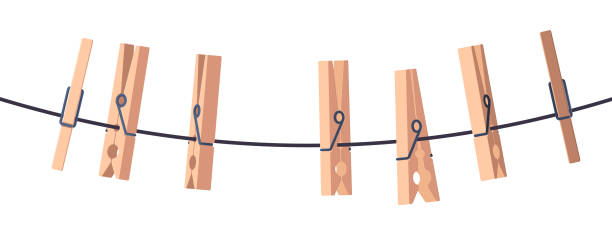 Clothes wooden pin on ropes. Blank white paper with text pin banner, vintage sticky memo placard for sale announcement. Vector illustration Clothes pin on ropes. Blank white paper with text pin banner, vintage sticky memo placard for sale announcement. Vector illustration of wooden hang rope clip clothespin wood stock illustrations