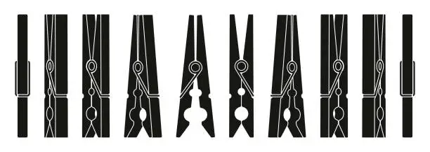 Vector illustration of Clothes pin silhouettes. Line wooden pins holding cloth, laundry fastener tool flat style. Vector isolated collection