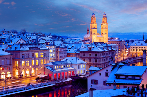Panoramic view of Zurich during winter, Alps, Switzerland