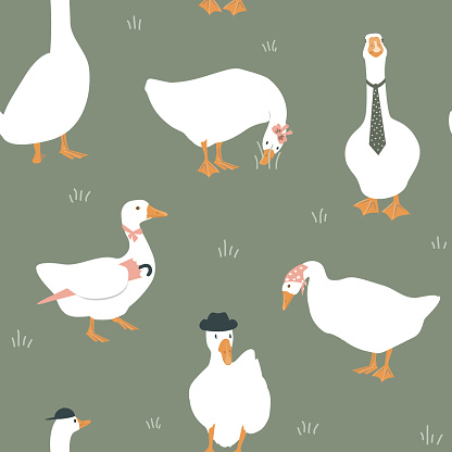 Cute dressed geese seamless pattern. Goose in a hat, tie, scarf, and with umbrella. Funny vector background.