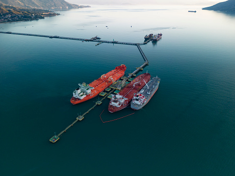 Ships moored at the petrochemical terminal in the port of São Sebastião on the north coast of the state of São Paulo