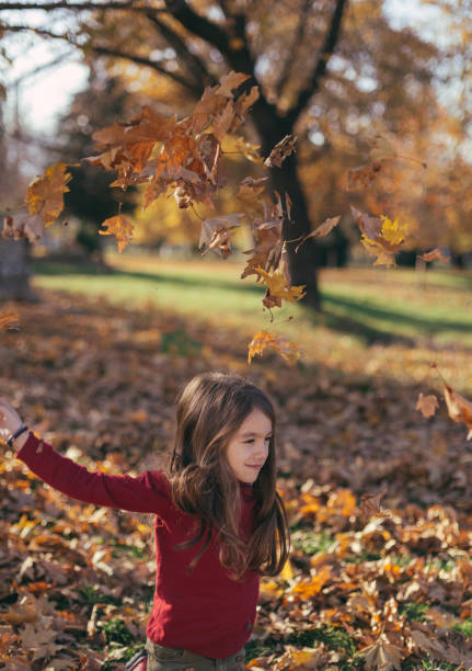 istock Cheerful little girl throwing dry maple leafs in the park 1633604455