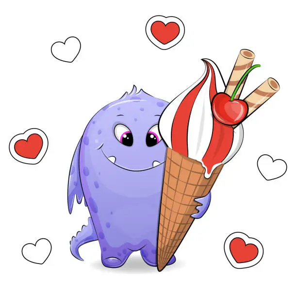 Vector illustration of Cute cartoon monster with big ice cream.