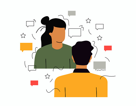 Flat style vector illustration, discuss social network, news, chat, dialogue speech bubbles. Colorful design of a man and a woman talking.