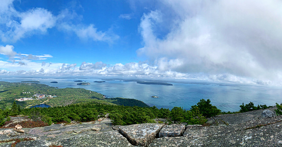 Panoramic view from the top of the Precipice Trail in Acadia National Park, Maine.