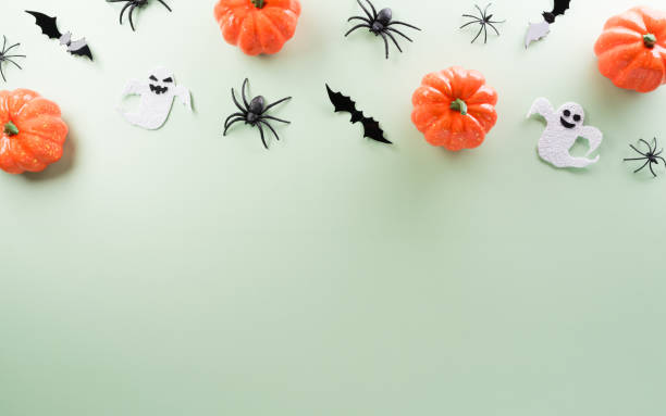 istock Halloween decorations made from pumpkin, paper bats, black spider on pastel orange background 1633627019