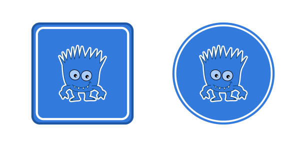 kleine lächelnde blaue mikrobe in blauer ikone auf weißem hintergrund - vektor - humor badge blue crime stock-grafiken, -clipart, -cartoons und -symbole