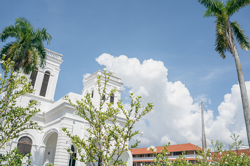 Georgetown Church of the Assumption with palm tree in Penang, Malaysia