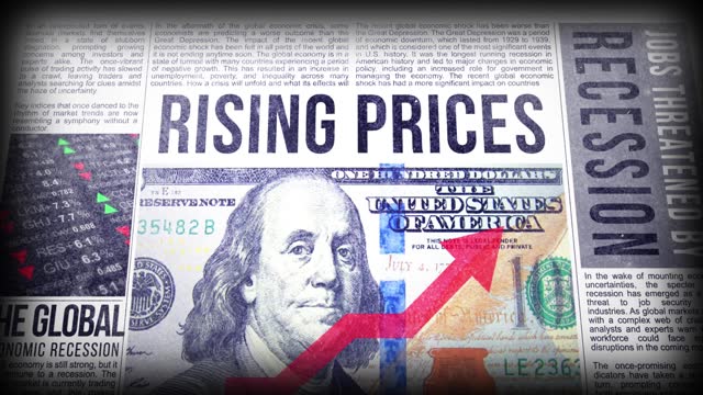 Ricing prices, recession fears, inflation, stock market crash, interest rates, economy, unemployment and rising prices daily newspaper report printing. Abstract concept.