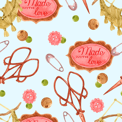 Watercolor seamless pattern with scissors, hand made decor, buttons and beads