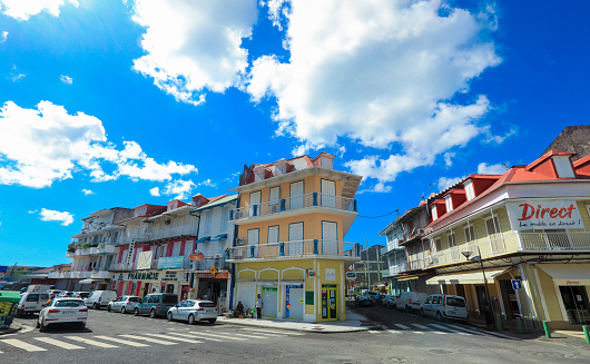 Pointe-a-Pitre, Guadeloupe - October 30, 2022: Bright and Colorful Buildings in the City Center of Pointe-a-Pitre